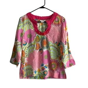 Boden Tunic Top Women Size 4 Floral Bright Colorful Floral Beaded Resort Wear
